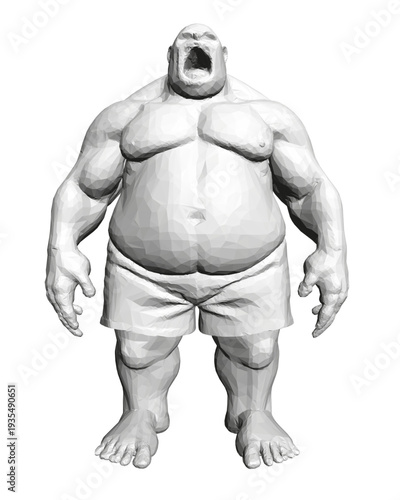 A huge polygonal ogre screams with a determined expression, showcasing a muscular physique against a clean white background.