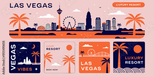 USA, US, U.S, United States - Set of Luxury Las Vegas Resort Skyline with Palm Trees – Panoramic Flat Vector Illustration | Neon Strip Cityscape Banner, Card & Flyer Design for Travel, Nightlife & Mod
