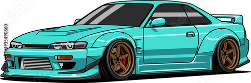 A sleek turquoise sports car illustration with bronze wheels on a white background from a three-quarter front view