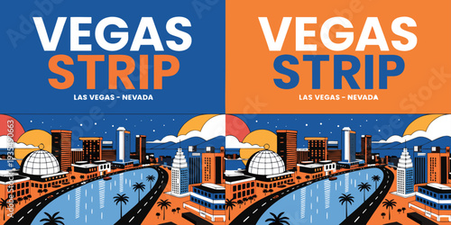 USA, US, U.S, United States - Set of Vegas Strip Aerial Night Lights Panorama with Vibrant Reflections – Clean Vector Style Design for Banner, Card, or Flyer | USA Nevada Cityscape Illustration