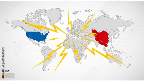 USA and China in Focus with Lightning Bolts on World Map