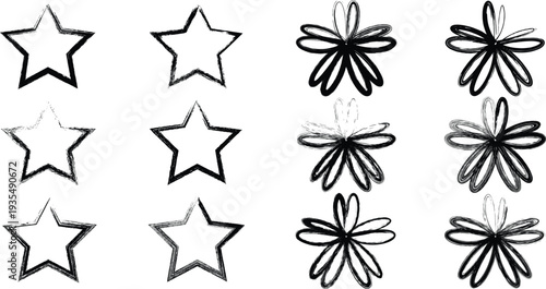 A collection of rough, hand-drawn star and flower icons created with brush strokes, isolated on a white background. Ideal for graphic design.