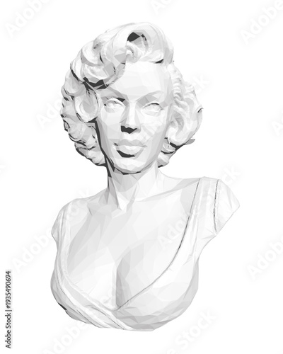 A low poly black and white bust sculpture of a woman, featuring intricate polygonal details against a stark white background.