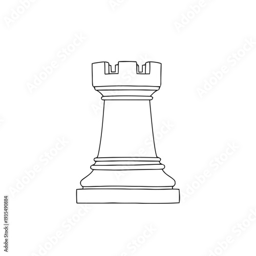 A simple black and white line drawing depicts a classical chess rook piece standing alone on a white background.