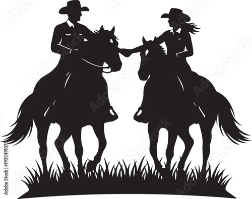 A man and woman riding horses together in a field