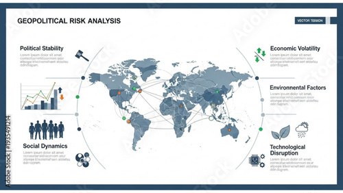 Global Geopolitical Risk Analysis Map Illustrating Economic Viability and Environmental Factors with Technological Advancements