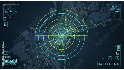 Radar system targeting a location with concentric circles on a digital map, displaying tracking data and location details in a futuristic interface