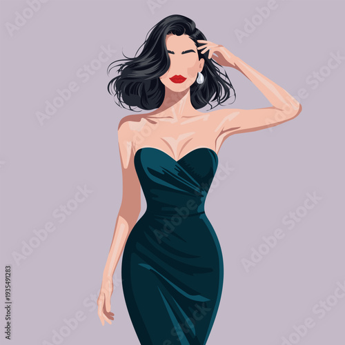 Vector flat faceless fashion illustration of a charming young woman in an off-shoulder dress with luxurious curls.

