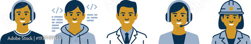Diverse Professional Avatars and Character Representing Different Careers Including IT Developer Doctor Engineer and Customer Support Staff Flat Vector Illustration.