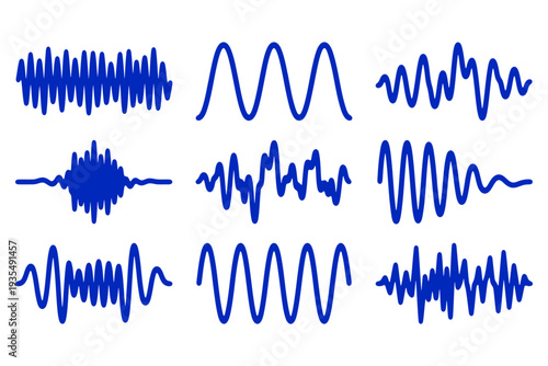 Audio waveforms set in blue, sound signal oscillation icons