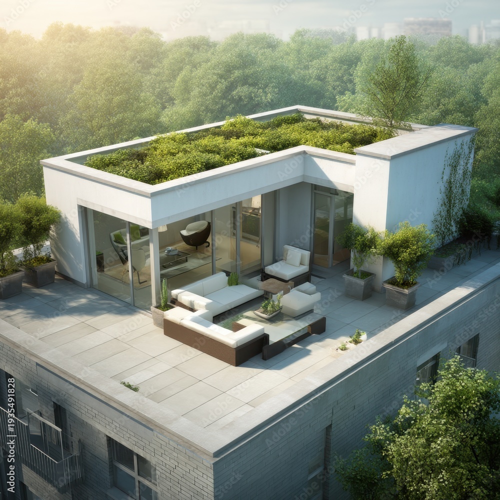 Naklejka premium Modern rooftop garden with green landscape and contemporary furniture in a serene urban environment during daylight
