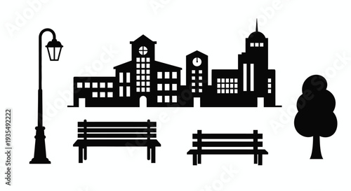 A black and white illustration of a city park with buildings and benches