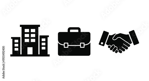 A handshake and briefcase represent a business partnership and corporate agreement in a professional setting.