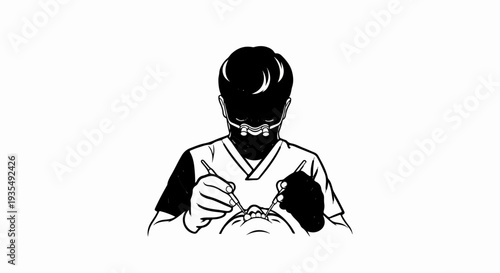 A dentist performs a procedure with tools on a patient's mouth