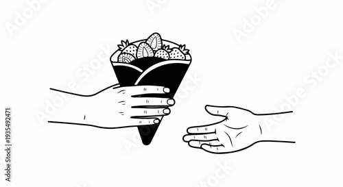 One hand offers a cone of strawberries to another open hand