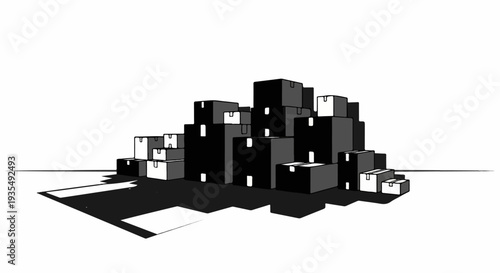 A large pile of stacked cardboard boxes in varying shades of grey