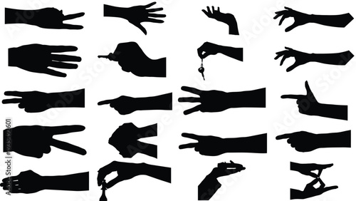 A collection of various hand silhouettes in different positions and gestures on a white background