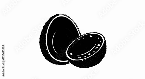 Two stylized halves of a dark, textured fruit on a white background