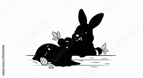 Two silhouetted rabbits with carrots and eggs on a textured surface