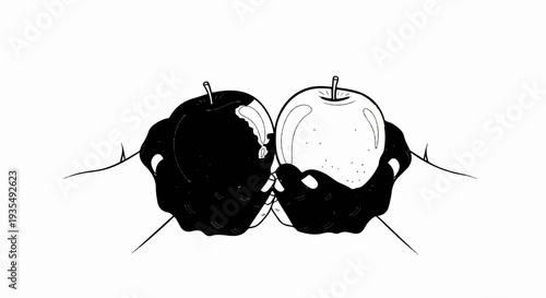 Two hands hold contrasting apples, one dark and bitten, the other bright