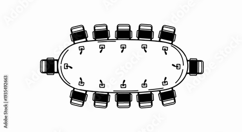 Top view illustration of a conference room with oval table and chairs