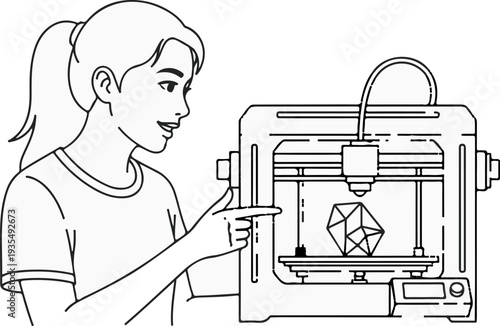 Young woman points to a 3D printer creating a geometric shape