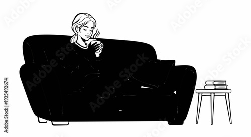 Woman relaxing on a couch with a warm beverage and books nearby