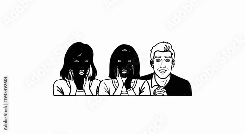 Three people, two with shocked faces, one with a smile