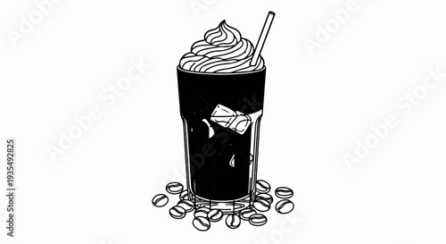 Tall glass of dark iced coffee with whipped cream and straw