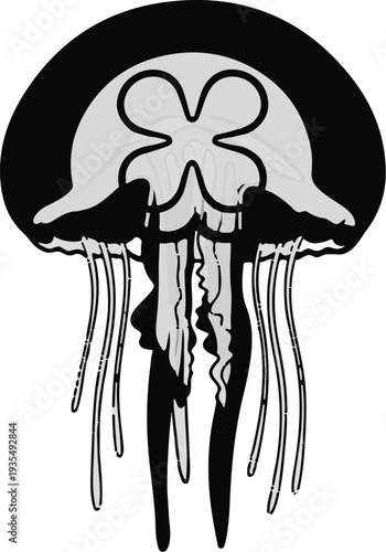 A stylized, graphic illustration of a jellyfish with tentacles