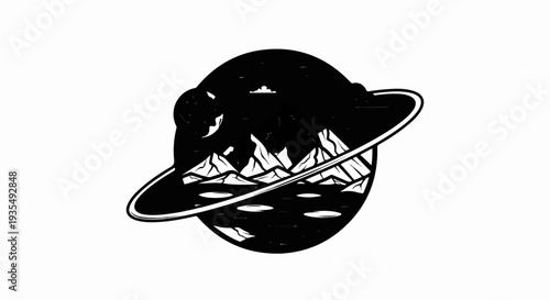 Stylized planet silhouette showcasing a mountainous landscape under a crescent moon