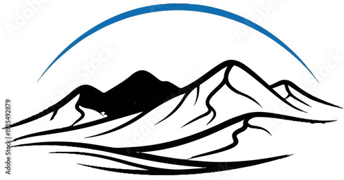Stylized mountain range with a curved blue line overhead