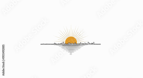 A stylized sunrise over a city skyline reflected in water