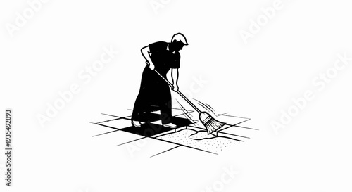 Stylized illustration of a person sweeping debris on a tiled surface