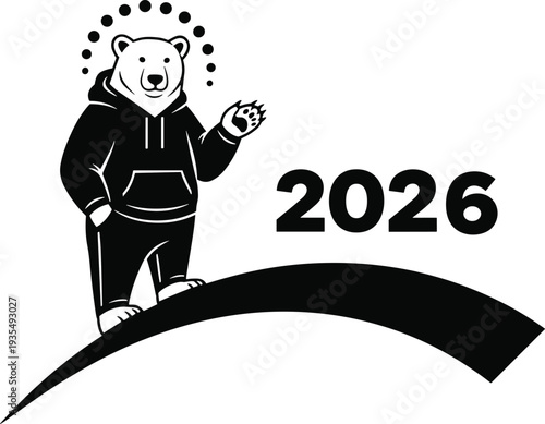 Black and white of a bear in a hoodie standing on a curved line with the year 2026 polar bear sweatpants