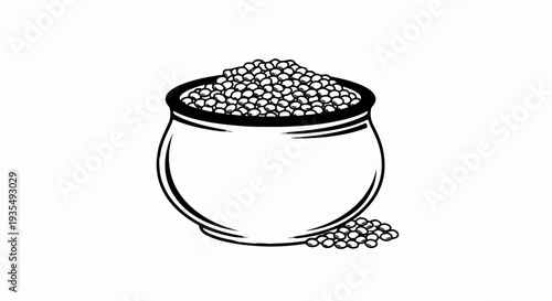 A black and white illustration of a pot overflowing with round seeds, some scattered nearby
