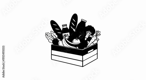 A black and white illustration of a wooden crate overflowing with various food items