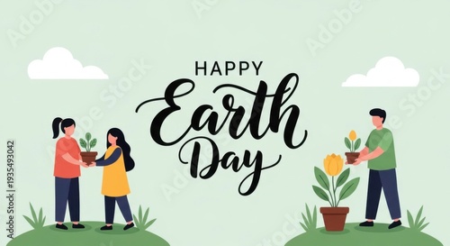 happy earth day people planting flowers