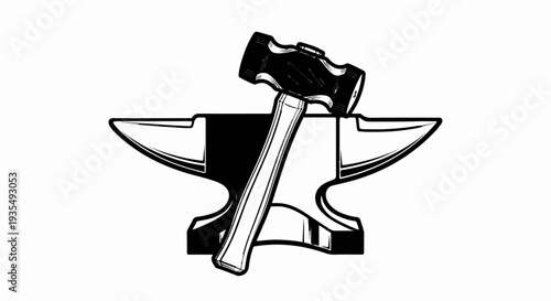 A black and white sketch of a hammer resting on an anvil
