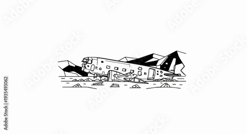 A black and white sketch depicts a wrecked airplane in a rocky landscape