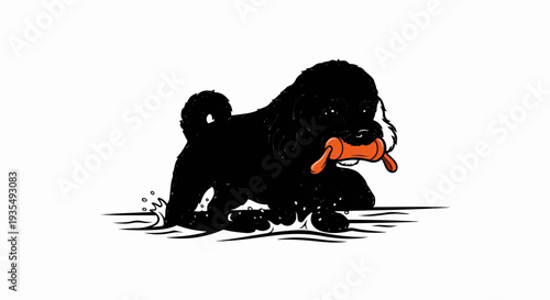 A black, fluffy dog with an orange toy in its mouth splashes in water