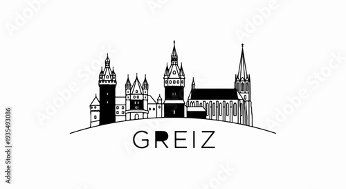 Stylized black and white skyline with castles and church, text GREIZ