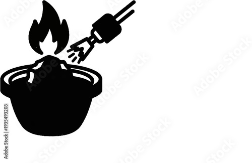 A black icon depicts a torch flame igniting a substance in a dish