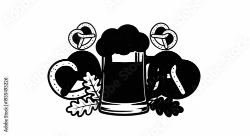 A celebratory arrangement of a beer mug, pretzels, and oak leaves