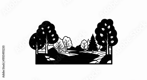 Stylized black and white landscape with a winding river and diverse trees