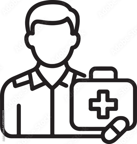 Paramedic Male Doctor with First Aid Kit Bag Medical Line Art Icon Vector