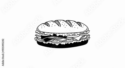 A detailed black and white illustration of a loaded sub sandwich on a white background