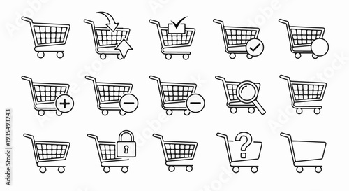 A collection of line art shopping cart icons with various symbols