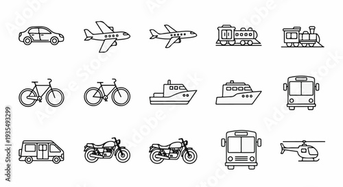 A collection of stylized line art icons representing various modes of transport