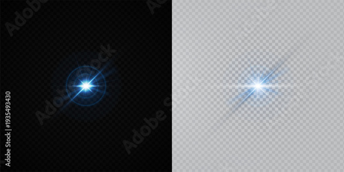 Colorful Star Light Effect Collection with Blue, Golden, and Yellow Glowing Starlight Sparkle Rays and Lens Flare Illumination on Transparent Background